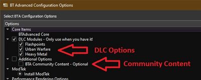 Installer configuration options image, with annotations indicating DLC and Community Content sections.